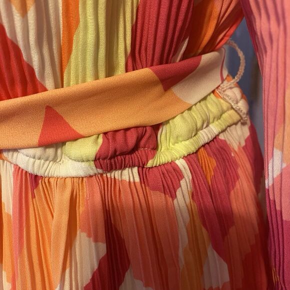 Nicole Miller Mini Dress Sz M Neon Multicolored Pop Art V Neck Elastic Tie Waist - Picture 10 of 10